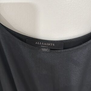 AllSaints Black Pleated Midi Dress with Asymmetrical Hem
